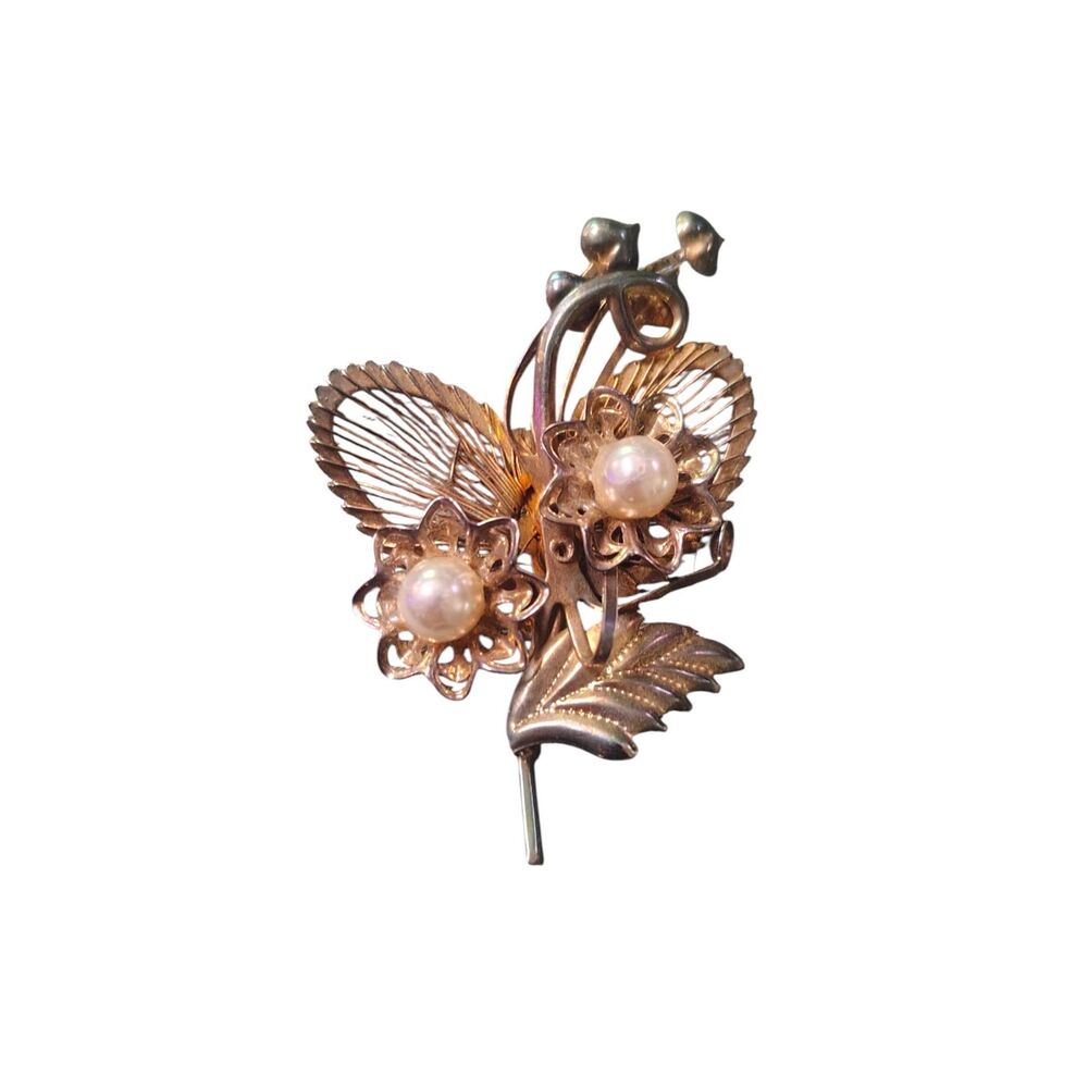 Floral Spray Brooch Faux Pearl Gold Tone Flower Bouquet Pin Mid Century 2.5"